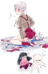  2girls alternate_hairstyle angry ass bald beige_shirt blush boots buttons chibi collared_shirt fujiwara_no_mokou houraisan_kaguya kneeling laughing mokoiscat multiple_girls red_eyes red_shorts shirt short_hair shorts simple_background suspenders thick_thighs thighs touhou very_short_hair white_background white_hair 