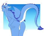  2019 altrue anthro anus balls bent_over blue_eyes blue_scales butt digital_media_(artwork) dragon herm horn intersex nude presenting pussy reptile scales scalie simple_background skipsy smile solo wings 
