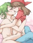  1girl artist_request bandana blush breasts brown_hair denim green_eyes green_hair haruka_(pokemon) hetero jeans kiss lowres open_mouth pants partially_undressed pokemon pokemon_(anime) pokemon_ag sex shirtless short_hair shuu_(pokemon) source_request 