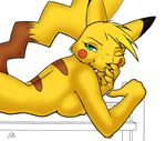  anthro blue_eyes breasts chan female furball lying nintendo nipples one_eye_closed pikachu pok&#233;mon pok&#233;morph pokemon solo video_games wink 