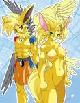  2005 abstract_background anthro anthrofied big_breasts breasts chalo duo eeveelution female fur green_eyes grey_eyes hair jolteon loincloth long_hair looking_at_viewer male nintendo nude pok&#233;mon pokemon pussy video_games wings yellow_fur yin_yang 