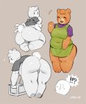  ?! anthro apron bebebebebe bent_over big_butt bottomless box breasts brown_fur butt camel_toe clothed clothing eyes_closed featureless_crotch female fur kemono looking_back mammal musical_note open_mouth rear_view shirt simple_background slightly_chubby smile solo ursid waving 