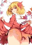  1girl :o ahoge aki_shizuha ass autumn_leaves bangs blonde_hair blush branch breasts clothes_lift eyebrows_visible_through_hair fingernails from_below hair_ornament highres leaf_hair_ornament long_sleeves looking_at_viewer looking_back medium_hair open_mouth orange_eyes red_shirt red_skirt sakurame shirt simple_background skirt skirt_lift small_breasts solo standing thighs touhou white_background 