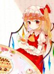 1girl :/ ascot bangs blonde_hair blush bow commentary_request cookie crystal cup eyebrows_visible_through_hair flandre_scarlet flower food frilled_bow frills hat leaf looking_at_viewer mob_cap plate pointy_ears puffy_short_sleeves puffy_sleeves red_bow red_eyes red_ribbon red_skirt red_vest ribbon sakizaki_saki-p short_sleeves side_ponytail sidelocks sitting skirt solo table tablecloth teacup teapot touhou vest wings wrist_cuffs yellow_ascot 