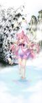  1girl absurdres animal_ear_fluff animal_ears barefoot chinese_clothes chinese_commentary commentary_request dress feet fox_ears fox_girl fox_tail full_body hanfu highres legs long_hair original outdoors pink_dress pink_eyes pink_hair smile soles solo sword tail toes twintails walking walking_on_liquid water weapon zhainan_xiao_zhao 