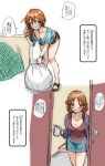  2girls baba_konomi beer_can blue_eyes blush braid breasts brown_eyes brown_hair can cleavage commentary doorway haruka_(haruker_51) highres idolmaster idolmaster_cinderella_girls idolmaster_million_live! katagiri_sanae leaning_forward looking_at_viewer medium_breasts multiple_girls sketch smile translated trash_bag white_background 