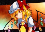  1girl ascot blonde_hair blush crystal eyebrows_visible_through_hair fang flandre_scarlet hair_between_eyes hat hat_ribbon mob_cap open_mouth orange_background pointy_ears puffy_short_sleeves puffy_sleeves qqqrinkappp red_vest ribbon short_hair short_sleeves skin_fang smile solo touhou traditional_media upper_body vest wings yellow_ascot yellow_eyes 
