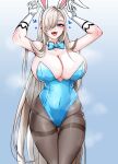  1girl animal_ears arms_up asuna_(blue_archive) bangs black_legwear blue_archive blue_eyes breasts fake_animal_ears freedom_(aass5404) grey_hair hair_over_one_eye highres korean_commentary large_breasts long_hair looking_at_viewer mole mole_on_breast open_mouth pantyhose playboy_bunny rabbit_ears ribbon simple_background smile solo thighband_pantyhose tongue 
