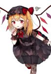  1girl alternate_costume ascot bangs black_dress black_legwear blonde_hair blush breasts commentary crystal dress eyebrows_visible_through_hair feet_out_of_frame flandre_scarlet folded_leg garter_straps hat laevatein_(tail) looking_at_viewer mob_cap nail_polish pointy_ears puffy_short_sleeves puffy_sleeves red_ascot red_eyes red_nails ruby_(gemstone) sakizaki_saki-p short_sleeves side_ponytail simple_background small_breasts solo standing standing_on_one_leg tail thighhighs tongue tongue_out touhou white_background wings wrist_cuffs 