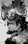  1boy absurdres beard black_hair black_horns character_request earrings eyepatch facial_hair flower fur_scarf greyscale hair_flower hair_ornament highres horns jewelry looking_at_viewer male_focus monochrome shubuka_masamune solo thorns 