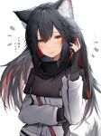  1girl absurdres animal_ears arknights black_hair blush cellphone commentary hair_between_eyes highres holding holding_phone light_smile long_sleeves looking_at_viewer multicolored_hair phone red_hair simple_background solo tab_head texas_(arknights) translated two-tone_hair white_background wolf_ears wolf_girl yellow_eyes 