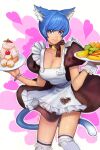  1girl animal_ears bell blue_eyes blue_hair breasts cake cat_ears cat_tail character_name cleavage food heater highres holding holding_plate large_breasts maid mei_(mingyeong) mingyeong neck_bell original plate short_hair simple_background solo tail thighhighs waitress 