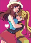  2girls :d ass bangs black_undershirt blue_eyes blue_shirt blush brown_hair commentary_request eyelashes green_(pokemon) green_eyes hat heart highres long_hair mokorei multiple_girls open_mouth pokemon pokemon_adventures ponytail purple_background red_skirt shirt skirt sleeveless sleeveless_shirt smile sweatdrop tied_hair tongue tunic twitter_username undershirt white_headwear wristband yellow_(pokemon) 