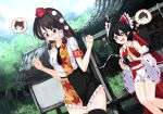  2girls ;q architecture ascot bird_wings black_hair black_legwear black_neckwear bow breasts brown_hair camera commentary_request cosplay detached_sleeves east_asian_architecture feathered_wings feet_out_of_frame frilled_shirt_collar frilled_skirt frills hair_bow hair_tubes hakurei_reimu hakurei_reimu_(cosplay) hakurei_shrine hat highres holding holding_camera leaf-pattern_stripe medium_breasts miniskirt multiple_girls necktie nontraditional_miko one_eye_closed pom_pom_(clothes) red_bow ribbon-trimmed_sleeves ribbon_trim shameimaru_aya shameimaru_aya_(cosplay) short_hair skirt sparkling_eyes standing sunyup thighhighs thighs tokin_hat tongue tongue_out touhou wide_sleeves wings yellow_ascot 