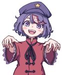  1girl :d absurdres bangs black_skirt blush_stickers breasts cabbie_hat chinese_clothes commentary hat hat_ornament highres jiangshi kame_(kamepan44231) looking_at_viewer medium_breasts miyako_yoshika ofuda outstretched_arms purple_eyes purple_hair purple_headwear red_shirt shirt short_hair simple_background skirt smile solo star_(symbol) star_hat_ornament tangzhuang touhou white_background wide_sleeves zombie_pose 