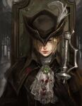  1girl ascot blonde_hair bloodborne blue_eyes cape coat commentary gem gloves hat hat_feather holding jiangweizh12345 lady_maria_of_the_astral_clocktower long_hair looking_at_viewer ponytail rakuyo_(bloodborne) simple_background solo sword the_old_hunters tricorne weapon 