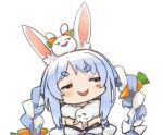  1girl animal_ear_fluff animal_ears bangs black_leotard blue_hair bow braid carrot_hair_ornament commentary_request detached_sleeves don-chan_(usada_pekora) dress eyebrows_visible_through_hair food-themed_hair_ornament hair_bow hair_ornament half-closed_eyes hololive itsuki_tasuku leotard long_hair looking_away looking_to_the_side multicolored_hair nousagi_(usada_pekora) on_head open_mouth puffy_short_sleeves puffy_sleeves rabbit_ears red_eyes short_eyebrows short_sleeves simple_background smug strapless strapless_dress strapless_leotard thick_eyebrows twin_braids twintails two-tone_hair upper_body usada_pekora virtual_youtuber white_background white_bow white_dress white_hair white_sleeves 