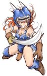  1girl armor belt blue_armor breasts brown_eyes brown_gloves brown_hair cleavage daisy_(dq) dragon_quest dragon_quest_yuusha_abel_densetsu fake_horns gloves helmet highres horned_helmet horns kibimoka long_hair simple_background smile sword thighhighs weapon white_background 