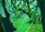  breloom budew combee commentary forest grass green_theme highres light_rays nature no_humans outdoors paras parasect plant pokemon pokemon_(creature) scenery shank shroomish spinarak tree 