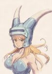  1girl armor blue_armor breasts brown_eyes brown_hair cleavage daisy_(dq) dragon_quest dragon_quest_yuusha_abel_densetsu fake_horns fujii_eishun helmet highres horned_helmet horns long_hair looking_at_viewer simple_background smile solo 