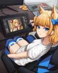  1girl absurdres anal_tail animal_ears bangs blonde_hair blue_bow blue_eyes blue_legwear blue_nails blunt_bangs bow bow_legwear cat_ears cat_tail chair drawing_tablet eyebrows_visible_through_hair fake_tail fox_ears gaming_chair hair_bow highres holding holding_stylus long_hair looking_at_viewer looking_back matmaj mole mole_under_eye nintendo_switch original red_eyes shirt short_sleeves sitting solo striped striped_legwear stylus t-shirt tablet_pc tail thighhighs twintails two-tone_legwear white_legwear white_shirt 