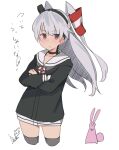  1girl absurdres amatsukaze_(kancolle) black_dress blush bunny closed_mouth commentary_request cowboy_shot dated dress eyebrows_visible_through_hair grey_hair grey_legwear hair_ornament highres inica kantai_collection long_hair sailor_collar sailor_dress signature simple_background solo thighhighs two_side_up white_background white_sailor_collar 