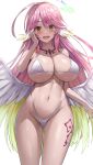  1girl absurdres ahoge angel_wings bangs bikini blush breasts collarbone drooling eyebrows_visible_through_hair feathered_wings gradient_hair hand_on_own_cheek hand_on_own_face highleg highleg_bikini highres jasony jibril_(no_game_no_life) large_breasts long_hair looking_at_viewer low_wings multicolored_hair navel no_game_no_life open_mouth pink_hair simple_background smile solo swimsuit white_background white_bikini white_wings wing_ears wings yellow_eyes 