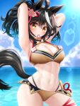  1girl abs absurdres adjusting_hair animal_ears armpits arms_up black_hair blush breasts cleavage highres horse_ears horse_girl horse_tail kitasan_black_(umamusume) lens_flare looking_at_viewer medium_breasts medium_hair navel ocean red_eyes ryuryu_mt sky solo swimsuit tail thighs umamusume 