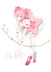  1girl bangs bow bow_(weapon) choker dress flower frilled_dress frills full_body gloves hair_bow high_heels highres inuyama_(inuhill) kaname_madoka kneehighs leaning_forward looking_at_viewer magical_girl mahou_shoujo_madoka_magica pink_bow pink_choker pink_dress pink_eyes pink_flower pink_footwear pink_hair pink_rose puffy_short_sleeves puffy_sleeves rose short_hair short_sleeves short_twintails signature simple_background smile solo soul_gem standing twintails weapon white_background white_gloves white_legwear 
