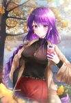  1girl autumn_leaves bangs belt blunt_bangs blush braid braided_ponytail casual coat genshin_impact hair_ornament highres holding holding_phone jewelry long_hair looking_at_viewer mole mole_under_eye necklace open_clothes open_coat phone purple_eyes purple_hair raiden_shogun red_skirt ryunbi skirt solo tree 