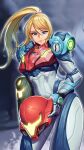  1girl arm_cannon armor bangs blonde_hair blue_eyes glowing gun helmet highres long_hair looking_at_viewer lyoung0j metroid metroid_dread mole mole_under_mouth ponytail power_armor power_suit samus_aran science_fiction simple_background solo visor weapon 