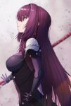  1girl armor bangs bodysuit breasts closed_mouth fate/grand_order fate_(series) gae_bolg_(fate) hair_between_eyes hair_intakes hand_on_hip highres ichi_yoshida large_breasts long_hair pauldrons polearm profile purple_bodysuit purple_hair red_eyes scathach_(fate) shoulder_armor spear weapon 