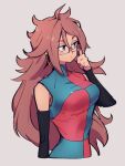  1girl android_21 blue_eyes breasts checkered checkered_dress closed_mouth dragon_ball dragon_ball_fighterz dress earrings glasses grey_background hair_between_eyes hoop_earrings jewelry kemachiku long_hair looking_away medium_breasts red_hair simple_background solo upper_body 