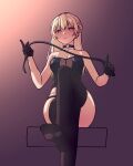  1girl bang_dream! bangs bare_shoulders black_gloves black_legwear black_panties blonde_hair blush breasts cleavage closed_mouth commentary corset crossed_legs dominatrix eyebrows_visible_through_hair feet fishnets foot_focus foot_out_of_frame foreshortening from_below frown gloves gradient gradient_background half_updo highres holding holding_whip lips long_hair looking_at_viewer looking_down medium_breasts panties panty_straps ptal purple_background purple_eyes serious shirasagi_chisato sitting sleeveless soles solo thighhighs underwear whip 