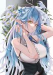  1girl blue_hair breasts floral_background flower hair_flower hair_ornament head_tilt highres hololive large_breasts long_hair miyasato_s pointy_ears solo upper_body virtual_youtuber yellow_eyes yukihana_lamy 