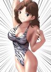  1girl animal_print black_eyes breasts bright_pupils brown_hair casual_one-piece_swimsuit cleavage collarbone cowboy_shot earrings emphasis_lines grin hanamura_noriko highleg highleg_swimsuit highres hoop_earrings jewelry large_breasts looking_at_viewer oishinbo one-piece_swimsuit sen_(sansui) smile solo swimsuit tiger_print white_background white_pupils 