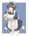  1girl alternate_costume apron artist_logo black_dress black_hair blue_background border cowboy_shot dress enmaided frilled_apron frills hair_flaps hair_ornament hairclip highres jingei_(kancolle) kantai_collection leaning_forward long_hair looking_at_viewer low_ponytail maid maid_apron maid_headdress mochizou one-hour_drawing_challenge red_eyes simple_background solo thighhighs twitter_username two-tone_background white_apron white_border white_legwear wrist_cuffs 