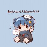  1girl black_coat bloom2425 blue_background blue_hair blue_scarf chibi closed_mouth coat commentary_request double_bun kantai_collection necktie red_necktie samuel_b._roberts_(kancolle) scarf short_hair simple_background solo steam upper_body 