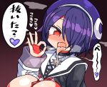  1girl aogiri_koukou_game_club blush commentary_request drooling hair_over_one_eye heart heavy_breathing jewelry kanikama knees_to_chest motion_lines necklace ok_sign open_mouth otodama_tamako purple_hair red_eyes sailor_collar saliva solo tongue tongue_out translation_request virtual_youtuber white_sailor_collar 