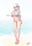  1girl absurdres artist_name azur_lane bangs bare_shoulders beach belfast_(azur_lane) between_breasts bikini blue_ribbon braid breasts cleavage closed_mouth frilled_bikini frills full_body hair_ornament halter_top halterneck hand_up high_heels highres large_breasts long_hair looking_at_viewer midriff navel outstretched_hand parted_bangs ribbon shiny_footwear smile solo standing swimsuit thighs tierla water white_bikini white_footwear white_hair 