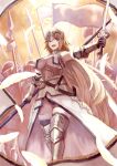  1girl armor armpits bare_shoulders bird blonde_hair blue_eyes breasts chain commentary_request fate/apocrypha fate_(series) feathers feet_out_of_frame flag gauntlets highres holding holding_sword holding_weapon janoukyo19 jeanne_d&#039;arc_(fate) jeanne_d&#039;arc_(fate/apocrypha) large_breasts leg_armor long_hair looking_at_viewer open_mouth panties polearm scabbard sheath spear sword teeth thighhighs tongue underwear very_long_hair weapon 