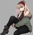  1girl agawa_ryou artist_name bangs bare_shoulders black_bra black_pants black_shirt blonde_hair blue_eyes boots bra bra_visible_through_clothes breasts brown_footwear cleavage commentary dated english_commentary eyebrows_visible_through_hair foot_out_of_frame fur_trim green_jacket grey_background hairband high_heel_boots high_heels hood hood_down hooded_jacket jacket large_breasts long_hair long_sleeves looking_at_viewer numbered original own_hands_together pants parted_lips pink_lips red_hairband see-through see-through_shirt shirt short_eyebrows simple_background sitting sleeveless solo thick_eyebrows turtleneck underwear 