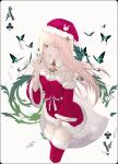  1girl alice_(alice_in_wonderland) alice_in_wonderland blonde_hair breasts bug butterfly card christmas green_eyes hat highres long_hair looking_at_viewer merry_hearm one_eye_closed open_mouth playing_card poker santa_costume santa_hat skirt solo white_background 