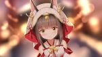  1girl animal_ears azur_lane bangs black_hair blunt_bangs blurry blush close-up commentary_request denfunsan depth_of_field detached_sleeves eyebrows_visible_through_hair fox_ears hair_ornament highres japanese_clothes kimono long_hair looking_at_viewer nagato_(azur_lane) nagato_(great_fox&#039;s_white_gown)_(azur_lane) sidelocks smile solo tsunokakushi uchikake wide_sleeves yellow_eyes 