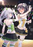  2girls :d akizuki_kei arm_up bangs bare_shoulders black_hair black_skirt blunt_bangs bow breasts broken_heart cleavage closed_mouth collar commentary detached_collar eye_contact eyebrows_visible_through_hair fang glowstick green_bow hair_between_eyes hair_bobbles hair_ornament heart heart_hair_ornament high_five long_hair looking_at_another midriff multiple_girls munakata_hinano navel one_side_up original pleated_skirt profile purple_eyes red_eyes silver_hair skirt small_breasts smile strapless thighhighs throat_microphone tokuno_yuika twintails white_collar white_legwear wooden_floor wrist_cuffs 