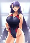  1girl black_swimsuit blue_eyes breasts clothes_pull collarbone competition_swimsuit contrapposto cowboy_shot eyebrows_visible_through_hair fate/grand_order fate_(series) gachou highleg highleg_swimsuit hime_cut large_breasts long_hair looking_at_viewer martha_(fate) one-piece_swimsuit purple_hair solo speedo_(company) standing straight_hair swimsuit swimsuit_pull translated 