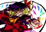 1girl adapted_costume ascot bangs crazy_eyes crystal english_text eyebrows_visible_through_hair fangs fingernails flandre_scarlet frilled_shirt_collar frilled_sleeves frills halloween hat hat_ribbon karasaki laevatein_(touhou) lower_teeth mob_cap multicolored_wings nail_polish open_mouth puffy_short_sleeves puffy_sleeves red_eyes red_nails red_ribbon ribbon sharp_fingernails short_hair_with_long_locks short_sleeves side_ponytail simple_background slit_pupils solo teeth touhou uneven_eyes upper_body white_background wings wrist_cuffs yellow_ascot yellow_eyes 