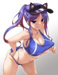  1girl ass bangs bare_arms bare_legs bare_shoulders bikini bikini_pull blue_bikini blue_hair blush breasts cleavage clothes_pull collarbone commentary_request cowboy_shot eyebrows_visible_through_hair grin groin hat highres kantai_collection large_breasts leaning_forward long_hair looking_at_viewer multicolored_hair navel ponytail purple_eyes red_hair simple_background smile smug solo south_dakota_(kancolle) streaked_hair sweat swimsuit swimsuit_pull visor_cap white_background white_hair yoshi_tama 