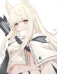  1girl animal_ear_fluff animal_ears arknights arrow_(projectile) bangs blonde_hair blunt_bangs blush bright_pupils brown_eyes commentary eyebrows_visible_through_hair highres horse_ears long_hair long_sleeves looking_at_viewer midriff navel parted_lips platinum_(arknights) quiver revealing_clothes risshu sidelocks simple_background solo unzipped upper_body very_long_hair white_background zipper 