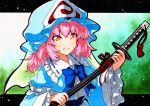  1girl bangs blue_bow blue_bowtie blue_headwear blue_kimono bow bowtie eyebrows_visible_through_hair frilled_kimono frilled_sleeves frills ghost green_background hat hitodama holding holding_sword holding_weapon japanese_clothes katana kimono long_sleeves looking_at_viewer mob_cap obi open_mouth pink_eyes pink_hair qqqrinkappp saigyouji_yuyuko sash short_hair solo sword touhou traditional_media triangular_headpiece wavy_hair weapon wide_sleeves 